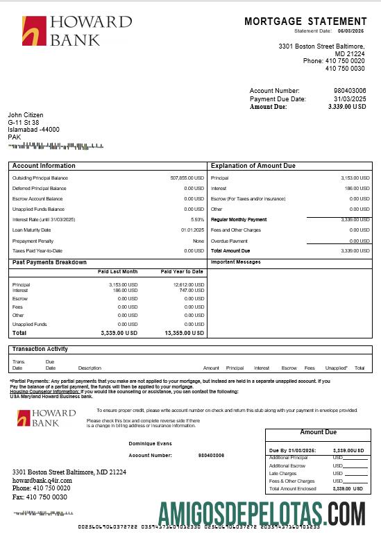 Declaração de hipoteca do USA Maryland Howard Business Bank em formatos Word e PDF exemplo